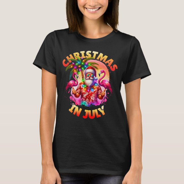 Tropical Christmas in July Palm Trees & Flamingos T-Shirt (Front)