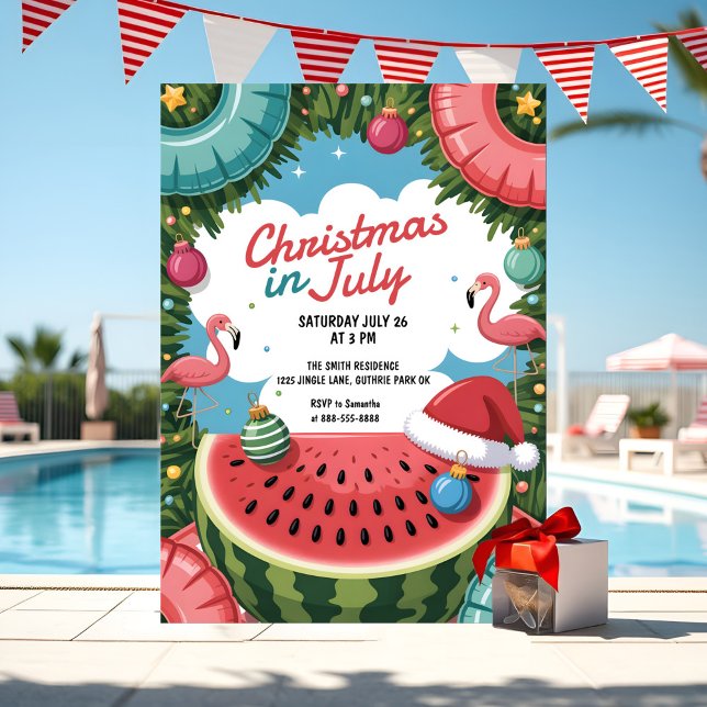 Tropical Christmas in July Pool Party Flamingo Invitation (Tropical Christmas in July invite with flamingos, watermelon & pool vibes in coral and aqua.)