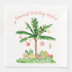 Tropical Christmas Lights Coral & Green Watercolor Napkin