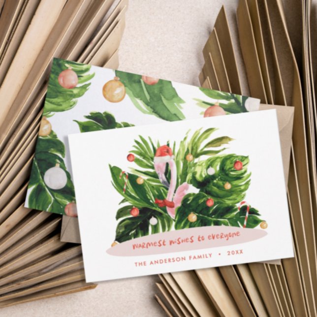 Tropical Christmas modern palm botanical Flamingo Holiday Card (Creator Uploaded)