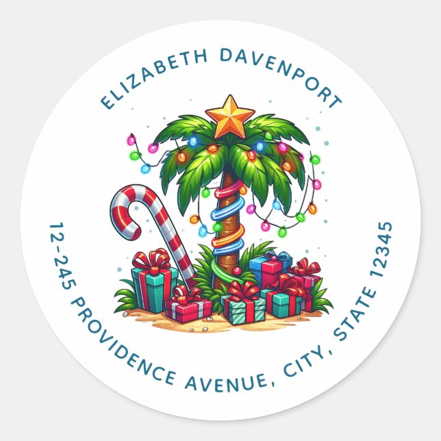 Tropical Christmas Palm Tree Address Classic Round Sticker (Front)