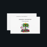 Tropical Christmas Palm Tree Business Card<br><div class="desc">Business card with a seasonal holiday image. A tropical palm tree decorated in festive lights with a star on top. A giant red and white candy cane sticking out of the sand. Christmas presents under the tree. Whimsical and fun.</div>