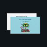 Tropical Christmas Palm Tree Business Card<br><div class="desc">Business card with a seasonal holiday image. A tropical palm tree decorated in festive lights with a star on top. A giant red and white candy cane sticking out of the sand. Christmas presents under the tree. Whimsical and fun.</div>