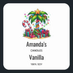 Tropical Christmas Palm Tree Candle Business Square Sticker<br><div class="desc">Candle,  soap,  kitchen or other crafting product stickers with a seasonal holiday image. A tropical palm tree decorated in festive lights with a star on top. A giant red and white candy cane sticking out of the sand. Christmas presents under the tree. Whimsical and fun.</div>