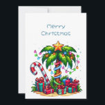 Tropical Christmas Palm Tree Holiday Card<br><div class="desc">A flat Christmas card with a seasonal holiday image. A tropical palm tree decorated in festive lights with a star on top. A giant red and white candy cane sticking out of the sand. Christmas presents under the tree. Whimsical and fun.</div>
