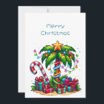 Tropical Christmas Palm Tree Holiday Card<br><div class="desc">A flat Christmas card with a seasonal holiday image. A tropical palm tree decorated in festive lights with a star on top. A giant red and white candy cane sticking out of the sand. Christmas presents under the tree. Whimsical and fun.</div>