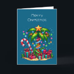 Tropical Christmas Palm Tree Holiday Card<br><div class="desc">Christmas holiday card with a seasonal holiday image. A tropical palm tree decorated in festive lights with a star on top. A giant red and white candy cane sticking out of the sand. Christmas presents under the tree. Whimsical and fun.</div>