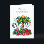 Tropical Christmas Palm Tree Holiday Card<br><div class="desc">Christmas holiday card with a seasonal holiday image. A tropical palm tree decorated in festive lights with a star on top. A giant red and white candy cane sticking out of the sand. Christmas presents under the tree. Whimsical and fun.</div>