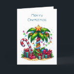 Tropical Christmas Palm Tree Holiday Card<br><div class="desc">Christmas holiday card with a seasonal holiday image. A tropical palm tree decorated in festive lights with a star on top. A giant red and white candy cane sticking out of the sand. Christmas presents under the tree. Whimsical and fun.</div>