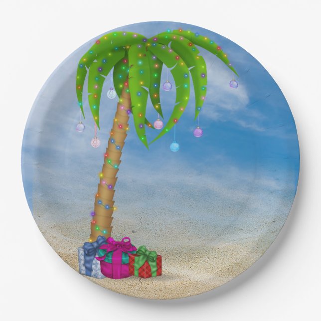 Tropical Christmas Palm Tree in sand Paper Plate (Front)