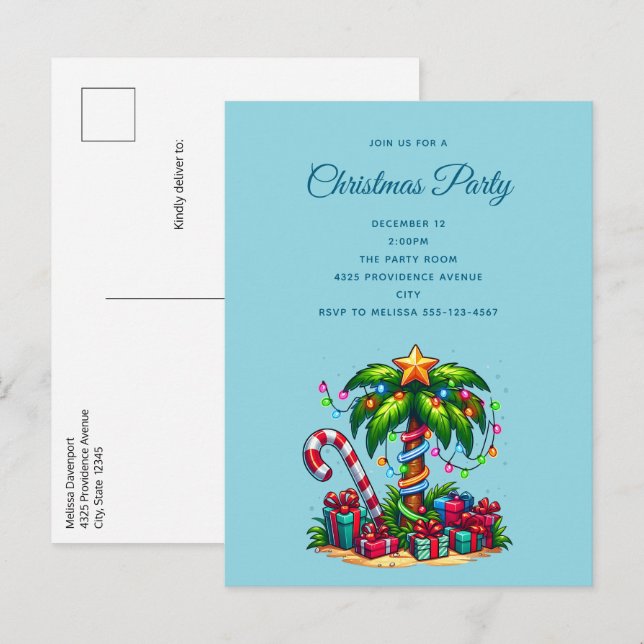 Tropical Christmas Palm Tree Invitation Postcard (Front/Back)