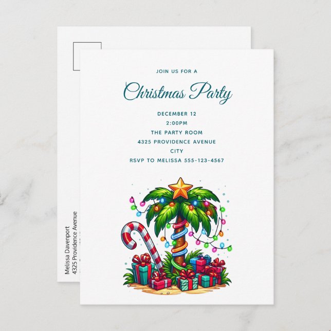 Tropical Christmas Palm Tree Invitation Postcard (Front/Back)