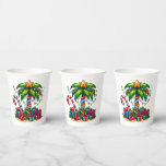 Tropical Christmas Palm Tree Paper Cups<br><div class="desc">Paper cups with a seasonal holiday image. A tropical palm tree decorated in festive lights with a star on top. A giant red and white candy cane sticking out of the sand. Christmas presents under the tree. Whimsical and fun.</div>