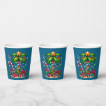 Tropical Christmas Palm Tree Paper Cups<br><div class="desc">Paper cups with a seasonal holiday image. A tropical palm tree decorated in festive lights with a star on top. A giant red and white candy cane sticking out of the sand. Christmas presents under the tree. Whimsical and fun.</div>
