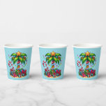 Tropical Christmas Palm Tree Paper Cups<br><div class="desc">Paper cups with a seasonal holiday image. A tropical palm tree decorated in festive lights with a star on top. A giant red and white candy cane sticking out of the sand. Christmas presents under the tree. Whimsical and fun.</div>