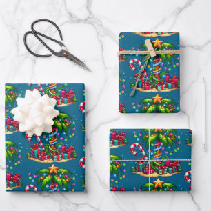 Tropical Christmas Palm Tree Pattern Wrapping Paper Sheet