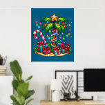 Tropical Christmas Palm Tree Poster<br><div class="desc">Poster with a seasonal holiday image. A tropical palm tree decorated in festive lights with a star on top. A giant red and white candy cane sticking out of the sand. Christmas presents under the tree. Whimsical and fun.</div>