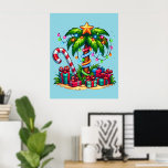Tropical Christmas Palm Tree Poster<br><div class="desc">Poster with a seasonal holiday image. A tropical palm tree decorated in festive lights with a star on top. A giant red and white candy cane sticking out of the sand. Christmas presents under the tree. Whimsical and fun.</div>