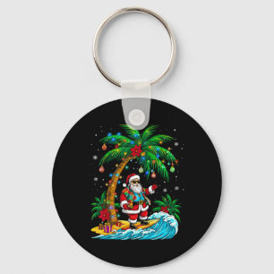Tropical Christmas Palm Tree Surfing Hawaiian Sant Key Ring