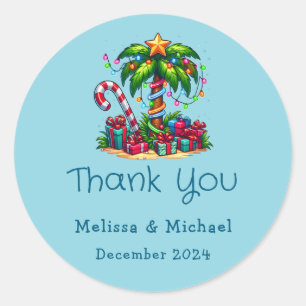 Tropical Christmas Palm Tree Thank You Classic Round Sticker