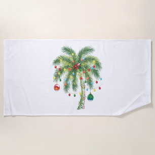 Tropical Christmas Palm Tree with Lights and Ornam Beach Towel