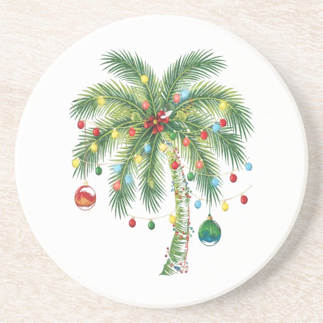 Tropical Christmas Palm Tree with Lights and Ornam Coaster (Front)