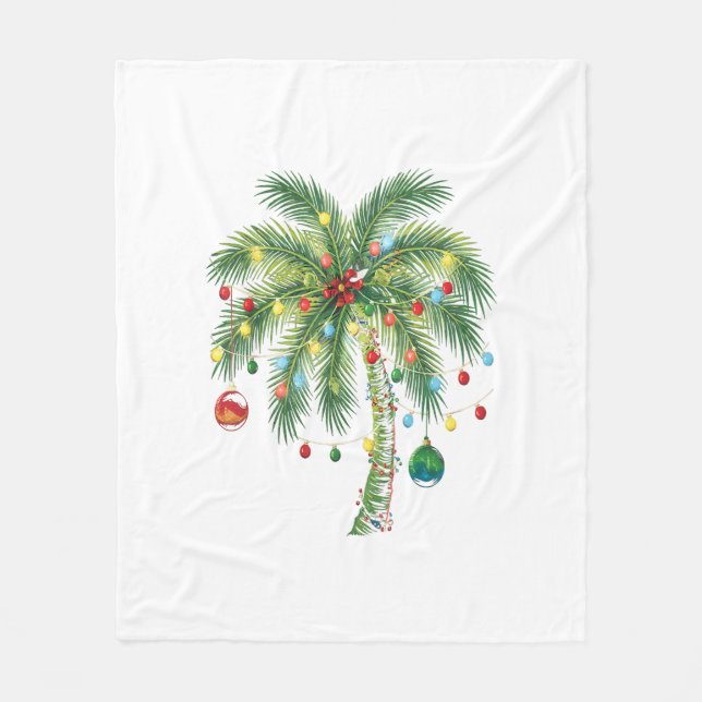 Tropical Christmas Palm Tree with Lights and Ornam Fleece Blanket (Front)
