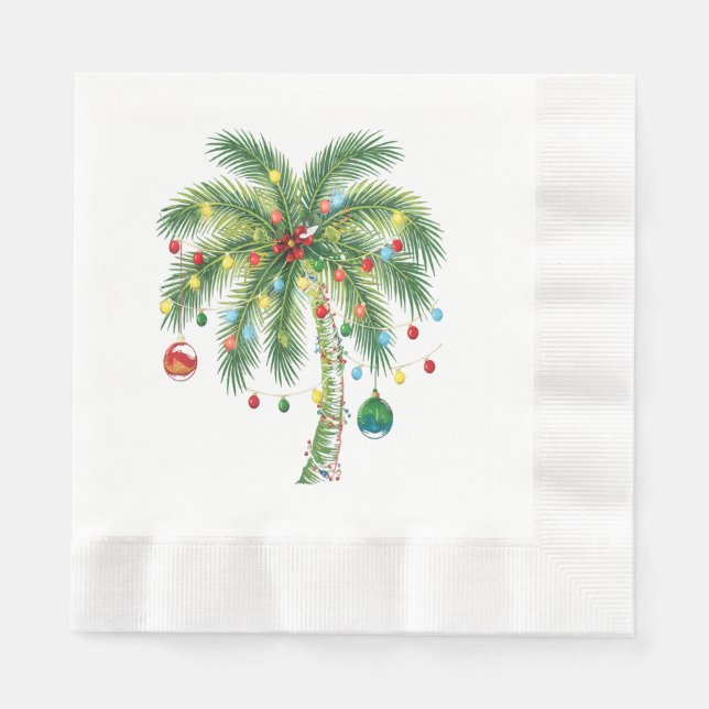 Tropical Christmas Palm Tree with Lights and Ornam Napkin (Front)
