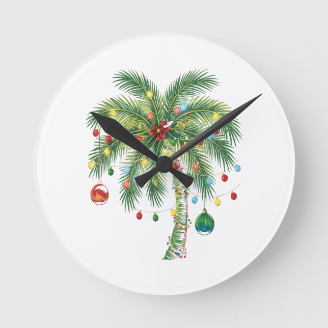 Tropical Christmas Palm Tree with Lights and Ornam Round Clock (Front)