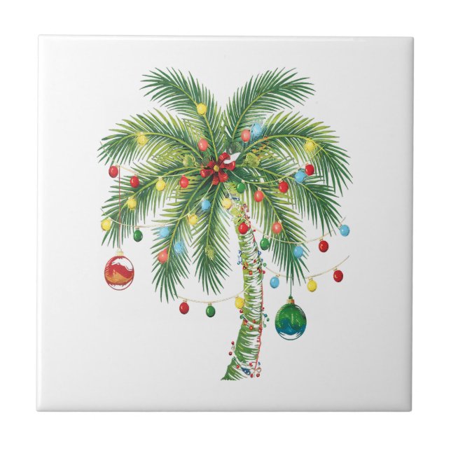 Tropical Christmas Palm Tree with Lights and Ornam Tile (Front)