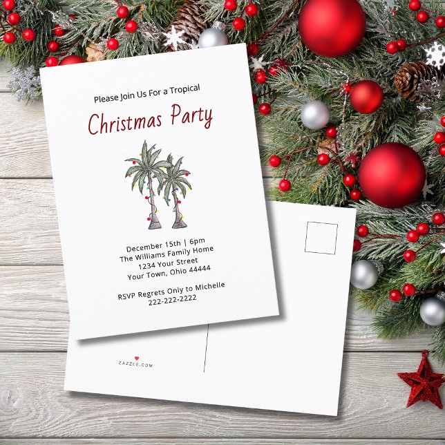 Tropical Christmas Palm Trees Beach Holiday Party  Invitation Postcard (Creator Uploaded)