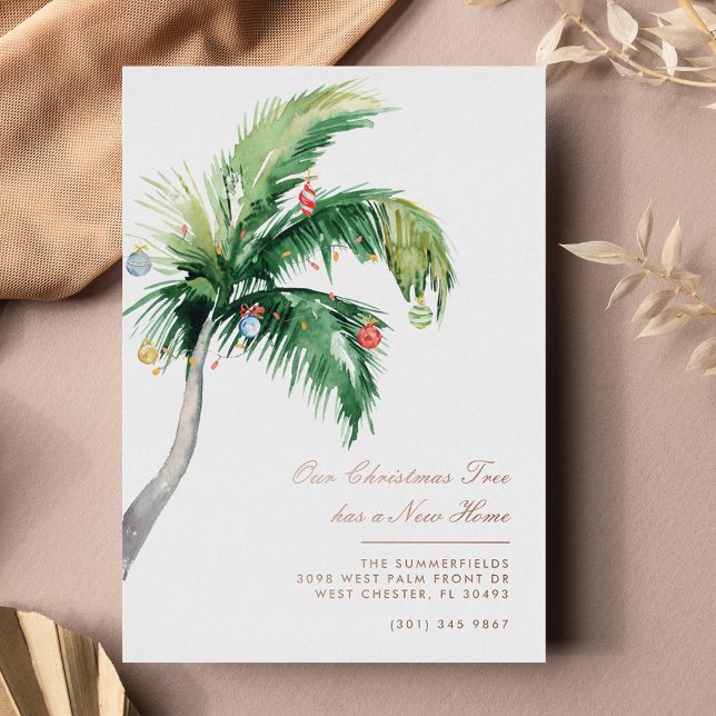 Tropical Christmas Palm Tropical Moving Rose Gold (Palm Tree New Year Moving Coastal Announcement Card)