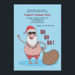 Tropical Christmas Party Invitation<br><div class="desc">The perfect tropical Christmas party invitation! The blue background features Santa in his bathing suit and hat wearing a flower lei, sunglasses and holding his sack. The card is easy to customise with your wording, font, font colour, paper shape options and choice of six paper types. Not exactly what you're...</div>