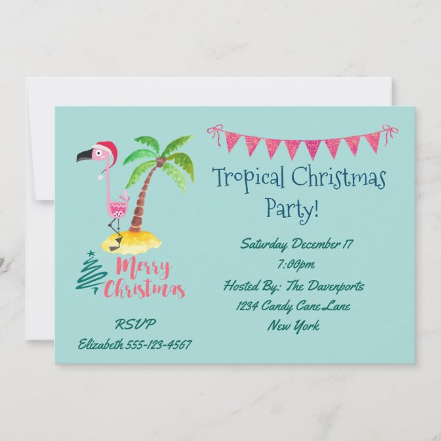 Tropical Christmas Party Pink Flamingo Invitation (Front)