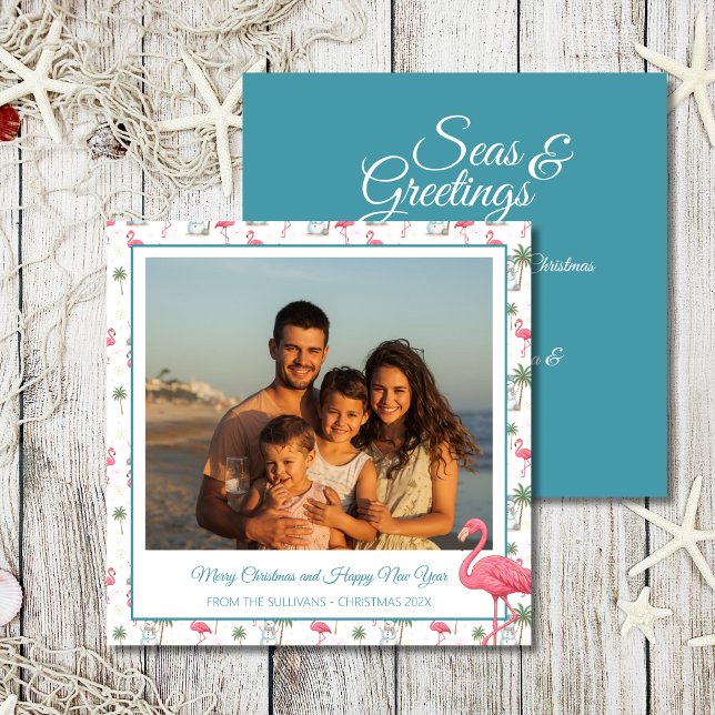 Tropical Christmas Pink Flamingo Family Photo Holiday Card (Coastal Christmas tropical beach holiday card with pink flamingos, festive palm trees and snowman)