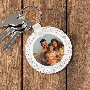 Tropical Christmas Pink Flamingo Family Photo Key Ring