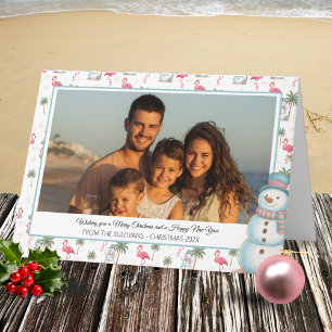 Tropical Christmas Pink Flamingo & Palm Tree Photo Holiday Card