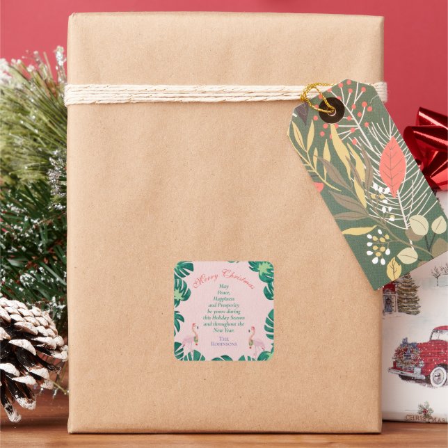 Tropical Christmas Pink Flamingo Santa Hat Baubles Square Sticker (Holiday)