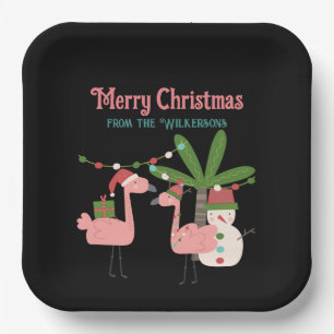 Tropical Christmas Pink Flamingos on Black Paper Plate