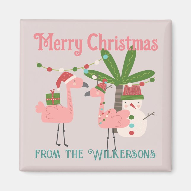 Tropical Christmas Pink Flamingos on Blush Magnet (Front)