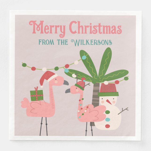 Tropical Christmas Pink Flamingos on Blush Napkin (Front)