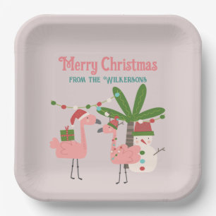 Tropical Christmas Pink Flamingos on Blush Paper Plate