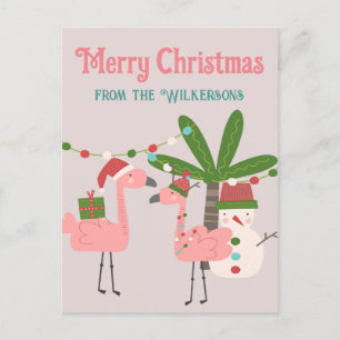 Tropical Christmas Pink Flamingos on Blush Postcard