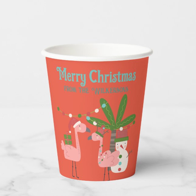 Tropical Christmas Pink Flamingos on Orange Paper Cups (Front)