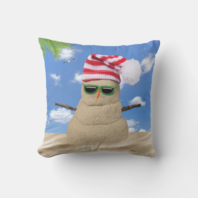Tropical Christmas Sand Snowman Cushion (Front)