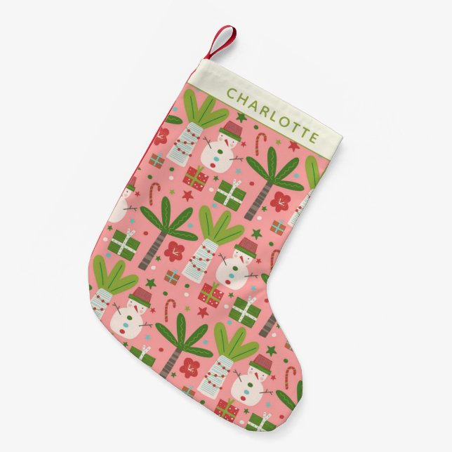 Tropical Christmas Snowmen Pink Green Personalised Small Christmas Stocking (Front (Hanging))