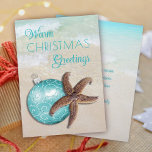 Tropical Christmas Starfish Ornament Beach Holiday Card<br><div class="desc">Tropical Christmas greeting cards.  Warm holiday greetings,  custom text in blue on front and inside.  A big brown starfish and teal blue tree ornament on the front.  Crystal clear ocean water is the background image for the front and inside of this vertical,  folded card.</div>