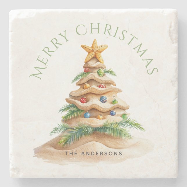 Tropical Christmas Tree Personalised  Stone Coaster (Front)