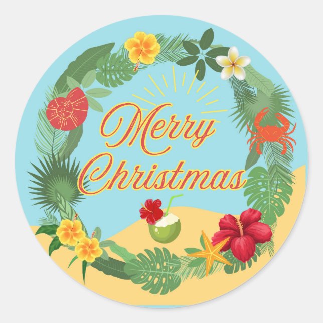Tropical Christmas Wreath Classic Round Sticker (Front)