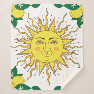 Tropical citrus lemon fruits with flowers frame an sherpa blanket